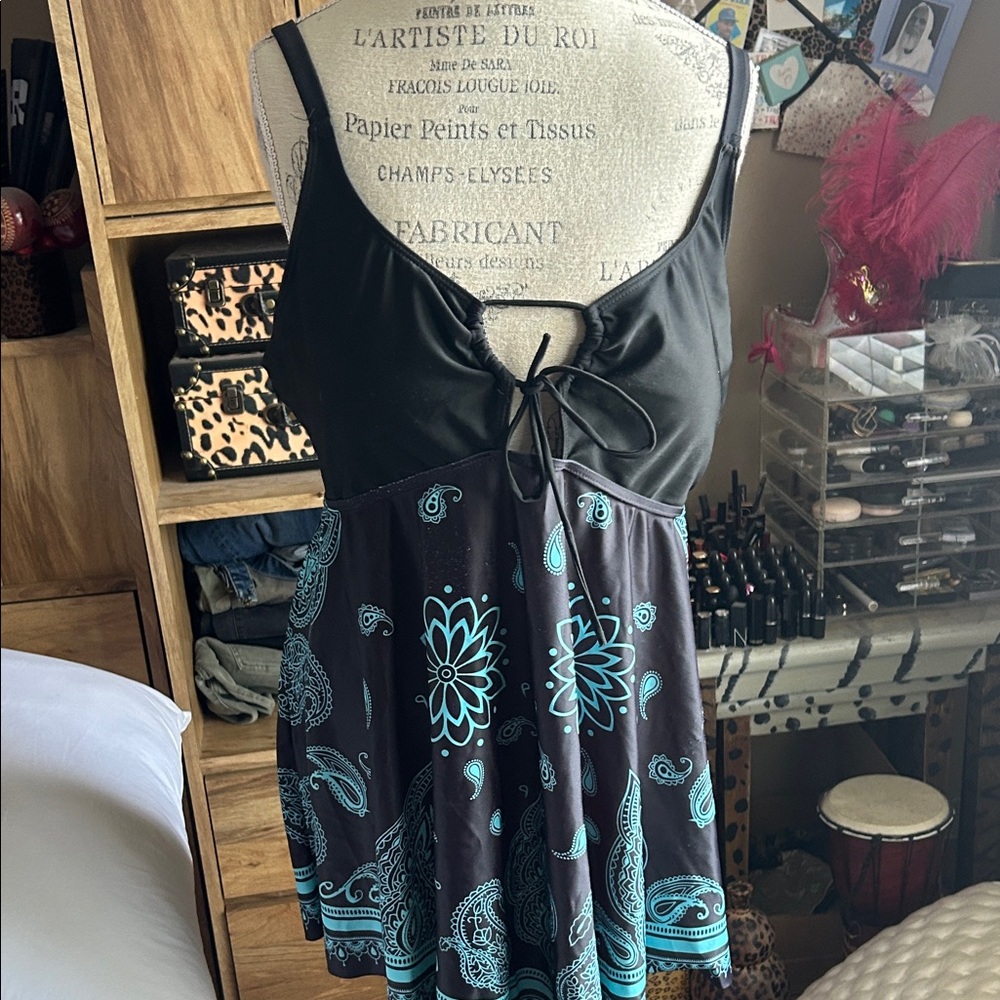 Black and Teal Paisley Swim Dress - 3X